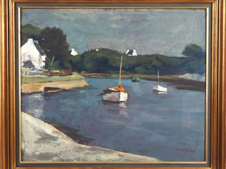 Paul SURTEL.  "Ria en Bretagne" Huile sur isorel, signée en bas à droi