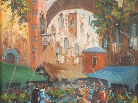 A. DE VITRI.  "Marché aux fleurs" Huile sur panneau, signée en bas à g