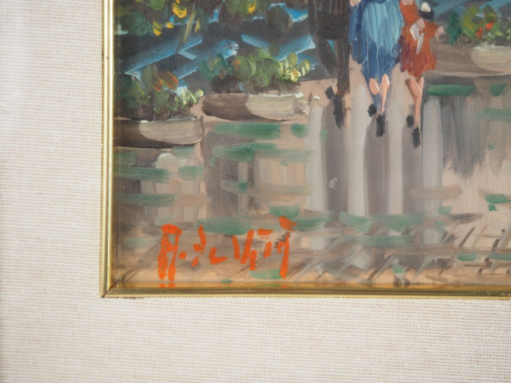 A. DE VITRI.  "Marché aux fleurs" Huile sur panneau, signée en bas à g