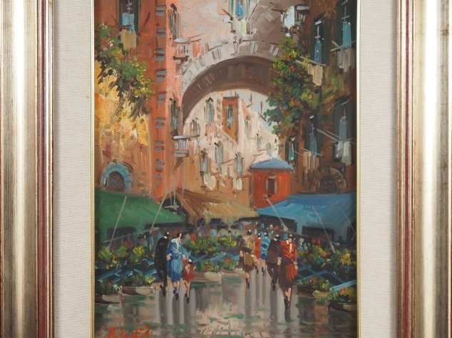 A. DE VITRI.  "Marché aux fleurs" Huile sur panneau, signée en bas à g