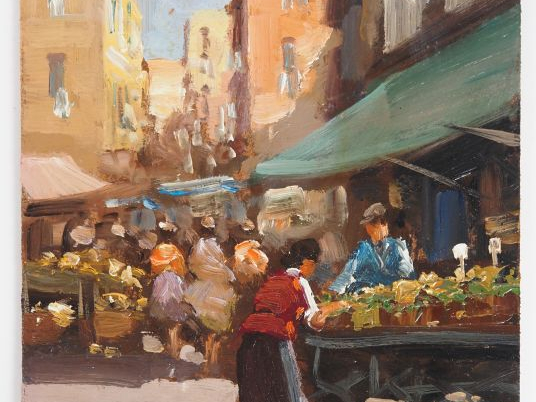 Guido VOLPICELLA.  "Marché italien" Huile sur panneau, signée en bas à