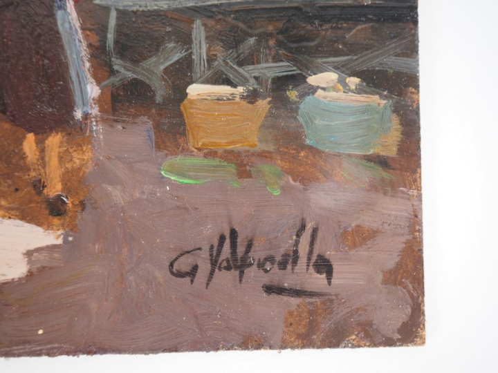 Guido VOLPICELLA.  "Marché italien" Huile sur panneau, signée en bas à