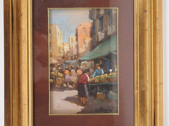 Guido VOLPICELLA.  "Marché italien" Huile sur panneau, signée en bas à