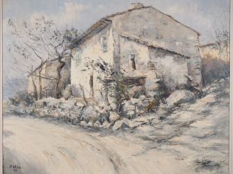 Vente aux enchères ZAROU.  "Le vieux mas en hiver" Huile sur toile, signée en bas à gauch