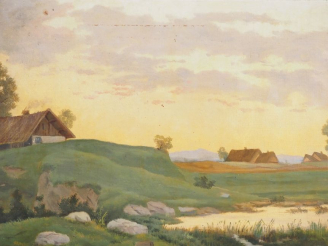 Vente aux enchères Ecole française fin XIXème.  "paysage lacustre au crépuscule" Huile su