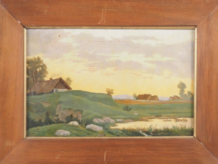 Ecole française fin XIXème.  "paysage lacustre au crépuscule" Huile su