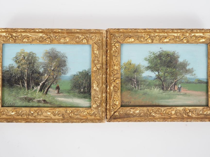 Ecole française XXème "paysages animés" Paire d'huiles sur panneau, si