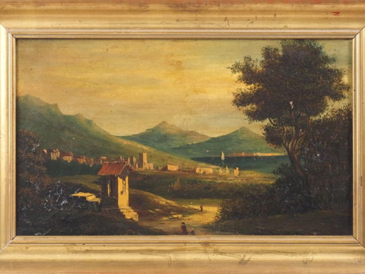 Ecole française XIXème. "paysage lacustre animé" Huile sur toile Dim. 