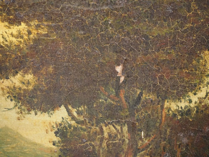 Ecole française XIXème. "paysage lacustre animé" Huile sur toile Dim. 