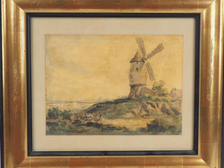 Ecole française fin XIXème début XXème.  "paysage au moulin" Aquarelle