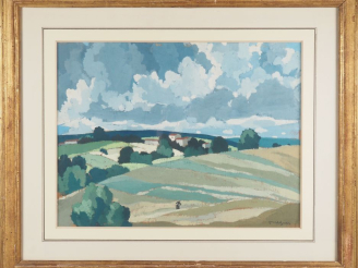 Vente aux enchères Ecole française XXème.  "paysage animé" Gouache, signée en bas à droit