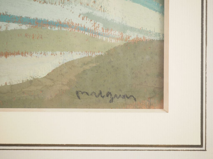 Ecole française XXème.  "paysage animé" Gouache, signée en bas à droit