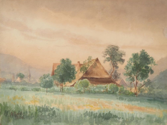 Vente aux enchères Ecole française début XXème.  "maison au toit de chaume" Aquarelle, si