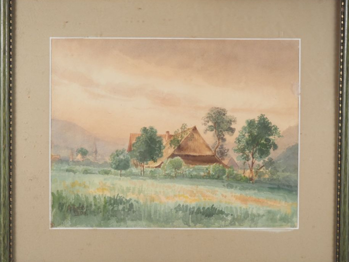 Ecole française début XXème.  "maison au toit de chaume" Aquarelle, si