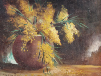 Vente aux enchères Ecole française XXème.  "bouquet de mimosas" Huile sur toile, signée e