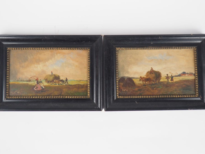 Ecole étrangère début XXème. "Scène de fenaison" Paire d'huiles sur ca