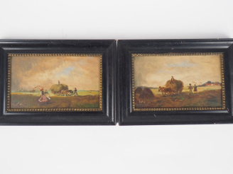 Vente aux enchères Ecole étrangère début XXème. "Scène de fenaison" Paire d'huiles sur ca