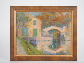 Vente aux enchères Ecole française XXème. "le canal en été" Huile sur toile  Dim. À vue :