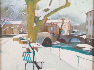 Vente aux enchères Ecole française XXème. "village sous la neige" Huile sur toile Dim. 22