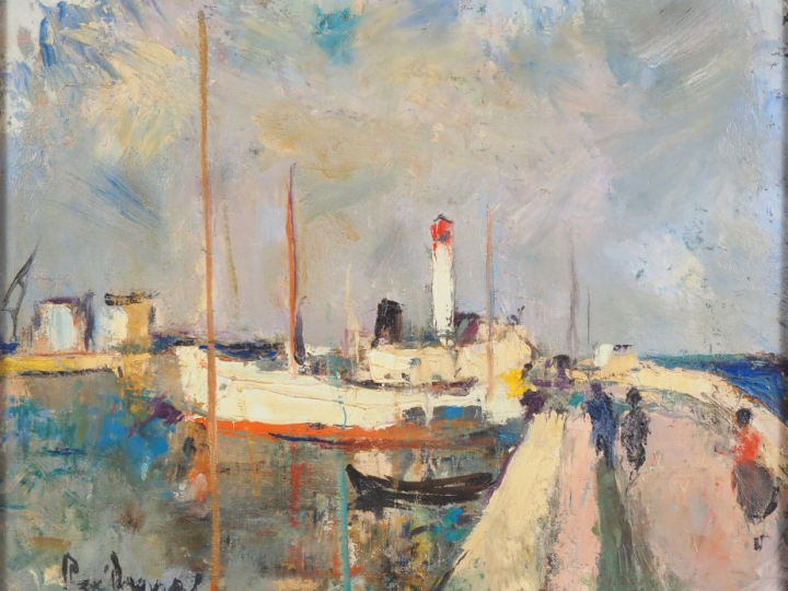 Ecole française XXème.  René ? "le port" Huile sur toile, signée en ba