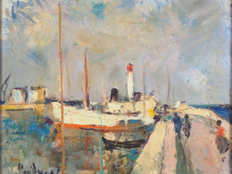 Vente aux enchères Ecole française XXème.  René ? "le port" Huile sur toile, signée en ba