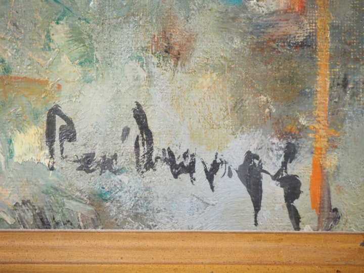 Ecole française XXème.  René ? "le port" Huile sur toile, signée en ba