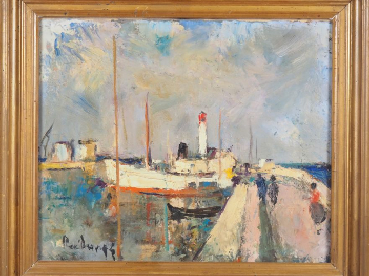 Ecole française XXème.  René ? "le port" Huile sur toile, signée en ba