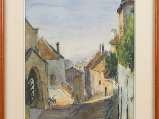Vente aux enchères Ecole française XXème. "Village du lot" Aquarelle, signée en bas à dro