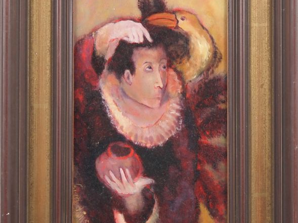 Ecole française XXème.  "personnage au cygne" Huile sur toile, signée 