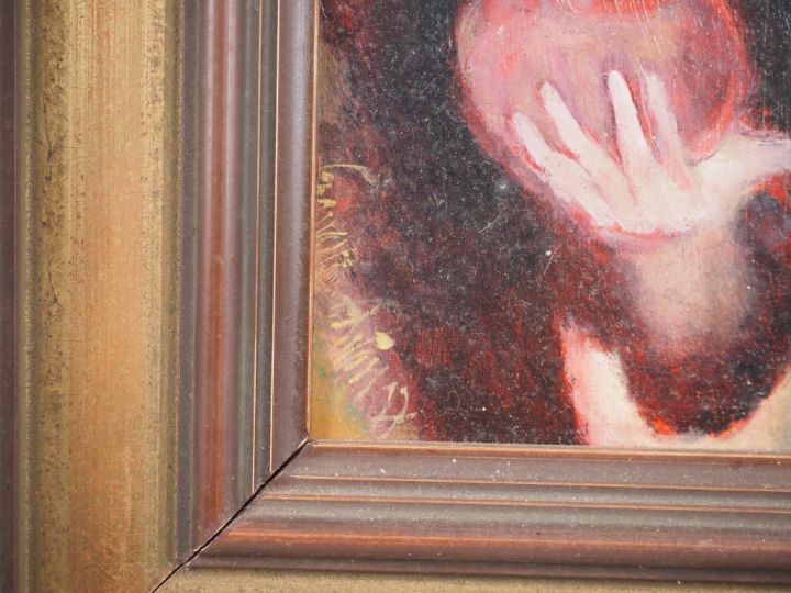 Ecole française XXème.  "personnage au cygne" Huile sur toile, signée 