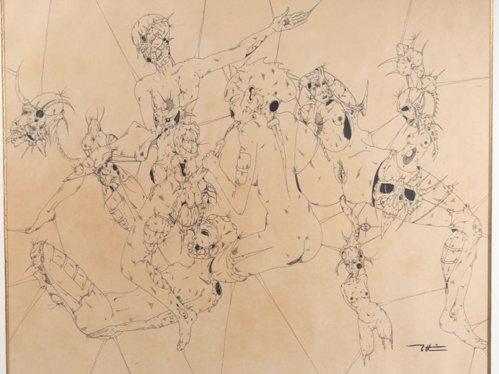 Ecole française XXème.  Grand dessin érotique et fantastique à l'encre