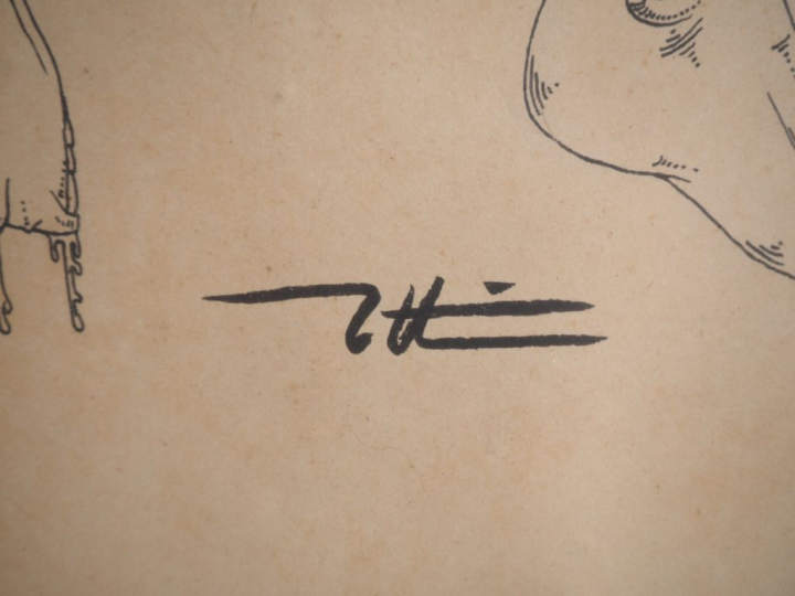 Ecole française XXème.  Grand dessin érotique et fantastique à l'encre