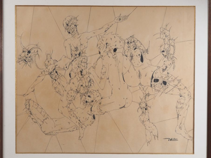 Ecole française XXème.  Grand dessin érotique et fantastique à l'encre