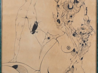 Vente aux enchères Ecole française XXème.  Dessin érotique et fantastique à l'encre signé