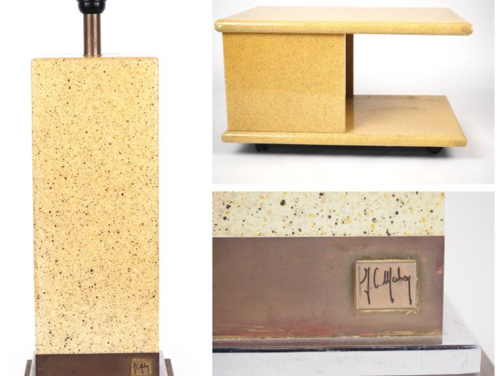 Jean Claude MAHEY.  Desserte roulante et sa lampe en composition à l'i