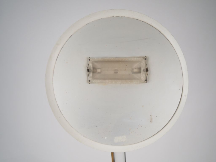 Lampadaire années 70 en laiton doré et plexiglass, fut cylindrique, éc