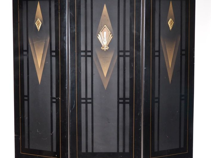 Paravent années 70 de style Art Déco en métal laqué noir et doré, à dé