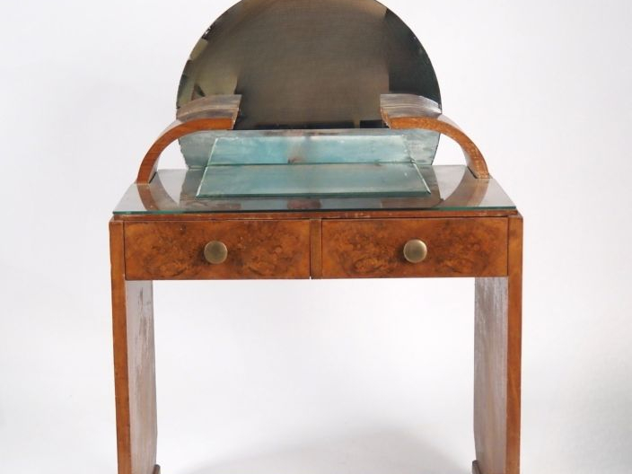 Coiffeuse Art Déco en bois, bois de placage et métal chromé, ouvrant à