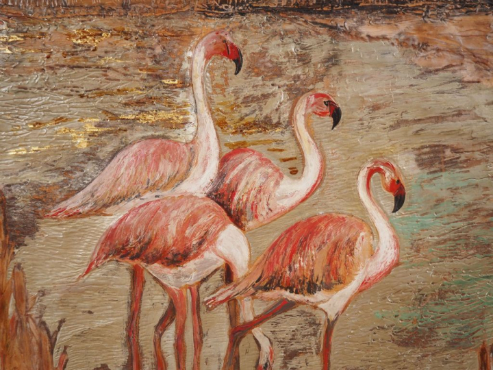 Ecole française XXème.  "flamants roses dans un paysage lacustre" Gran