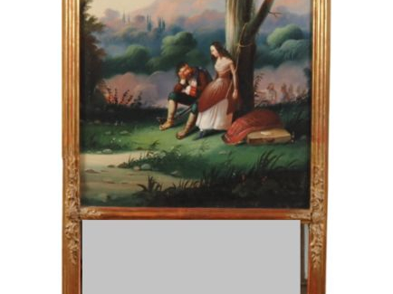 Trumeau 1900 de style Louis XVI en bois et stuc doré, orné d'une compo