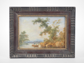 Vente aux enchères Ecole française vers 1900. "Barque sur le lac". Huile sur panneau. Dim