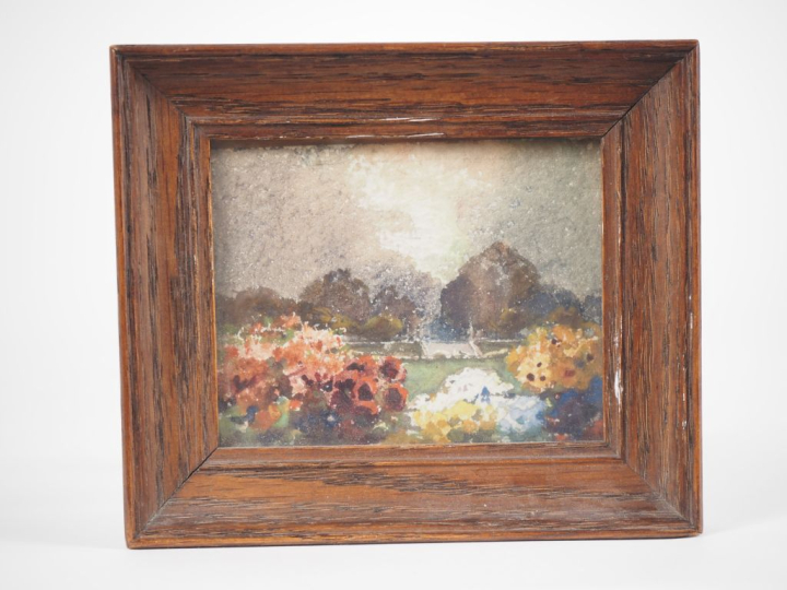 ZUBER. "Paysage au hortensias". Aquarelle. Dim. 7 x 8 cm.