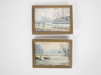 Vente aux enchères DUCHESNE. Paire d'aquarelles, "vue de la Seine à Paris". Signées en ba