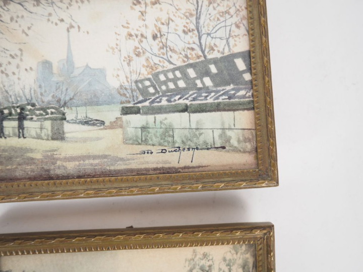 DUCHESNE. Paire d'aquarelles, "vue de la Seine à Paris". Signées en ba