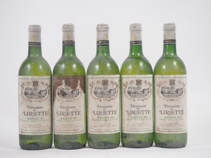 5 BOUTEILLES DOMAINE DE LIRETTE BORDEAUX SEC - 1990 - 2 LB/3 HEP/BS 