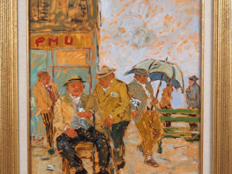Vente aux enchères Marc CLAUZADE. "les amis du café PMU" Huile sur panneau, signée en bas
