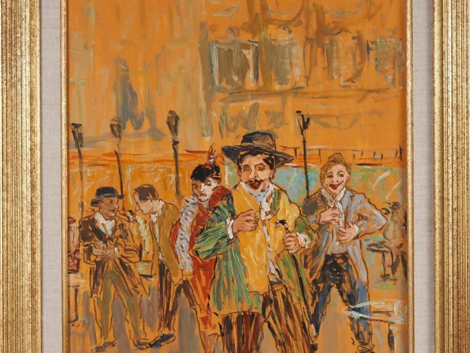Marc CLAUZADE.  "Les amis du boulevard" Huile sur panneau, signée en b