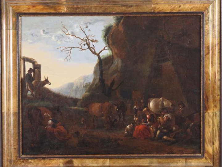 Jan MIEL (Attribué à) "Scène paysanne devant une ferme". Huile sur toi