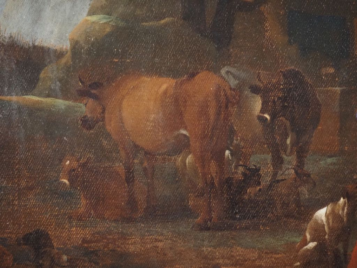 Jan MIEL (Attribué à) "Scène paysanne devant une ferme". Huile sur toi