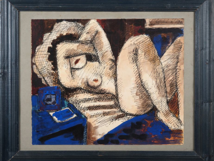 Marcel GROMAIRE. "Nu allongé". Dessin aquarelle et gouache sur papier,